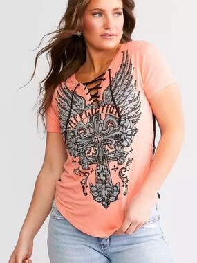 Lace-Up Affliction Rhinestone EnlightenmentTee in Coral with Winged Cross